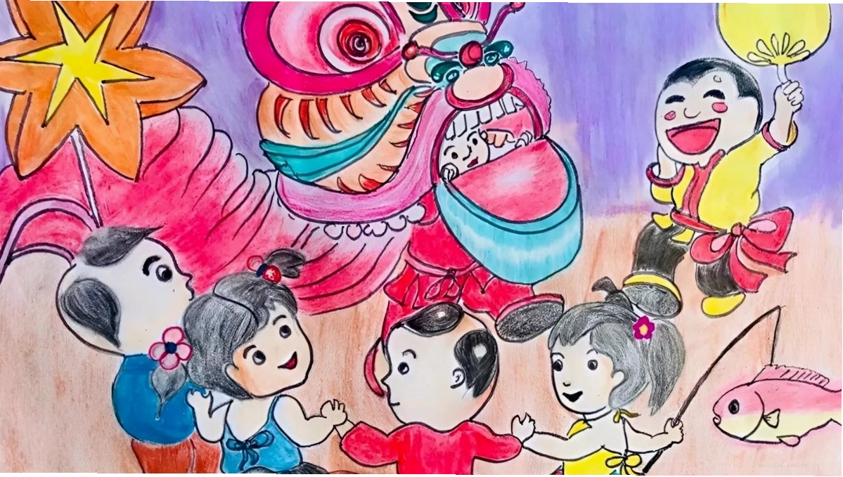 Tranh vẽ chibi lễ hội Trung Thu với lồng đèn rực rỡ