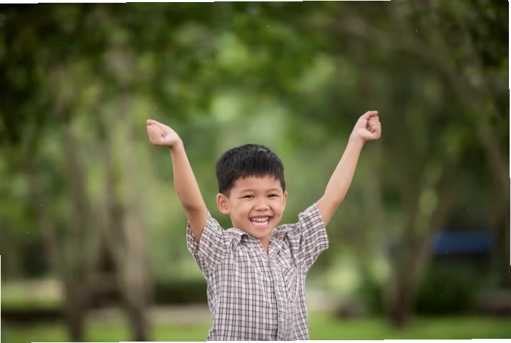 Bé trai dễ thương giơ tay vui đùa giữa thiên nhiên xanh mát