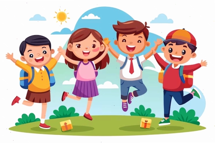 Bốn đứa trẻ vui vẻ với ba lô và đồ dùng học tập nhảy lên vì vui sướng