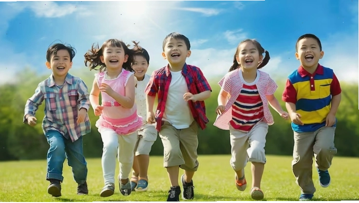 Một nhóm trẻ em đang chạy nhảy và nô đùa cùng nhau