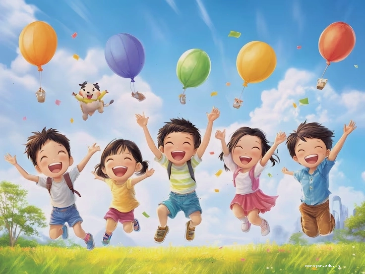 Trẻ em chơi đùa với bóng bay trên bầu trời công viên đầy nắng