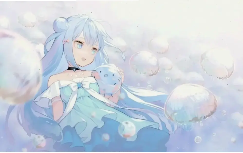 ảnh anime girl tóc xanh đẹp với đôi mắt biểu cảm